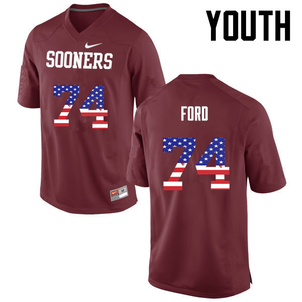 Youth Oklahoma Sooners #74 Cody Ford College Football USA Flag Fashion Jerseys-Crimson - Click Image to Close